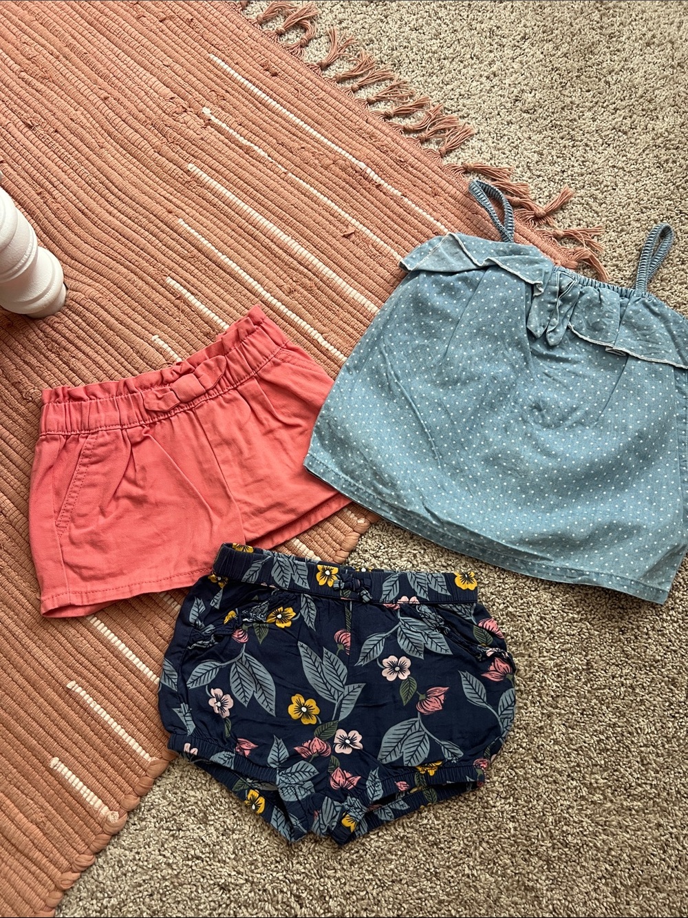 OshKosh B'gosh Coral Shorts, Chambray Polka Dot Top & Navy Floral Bloomers Set